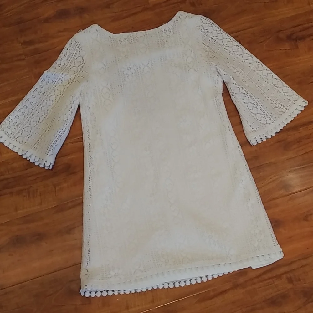 My Michelle Girls White Lined Lace Dress with Unlined Bell Sleeves, 10